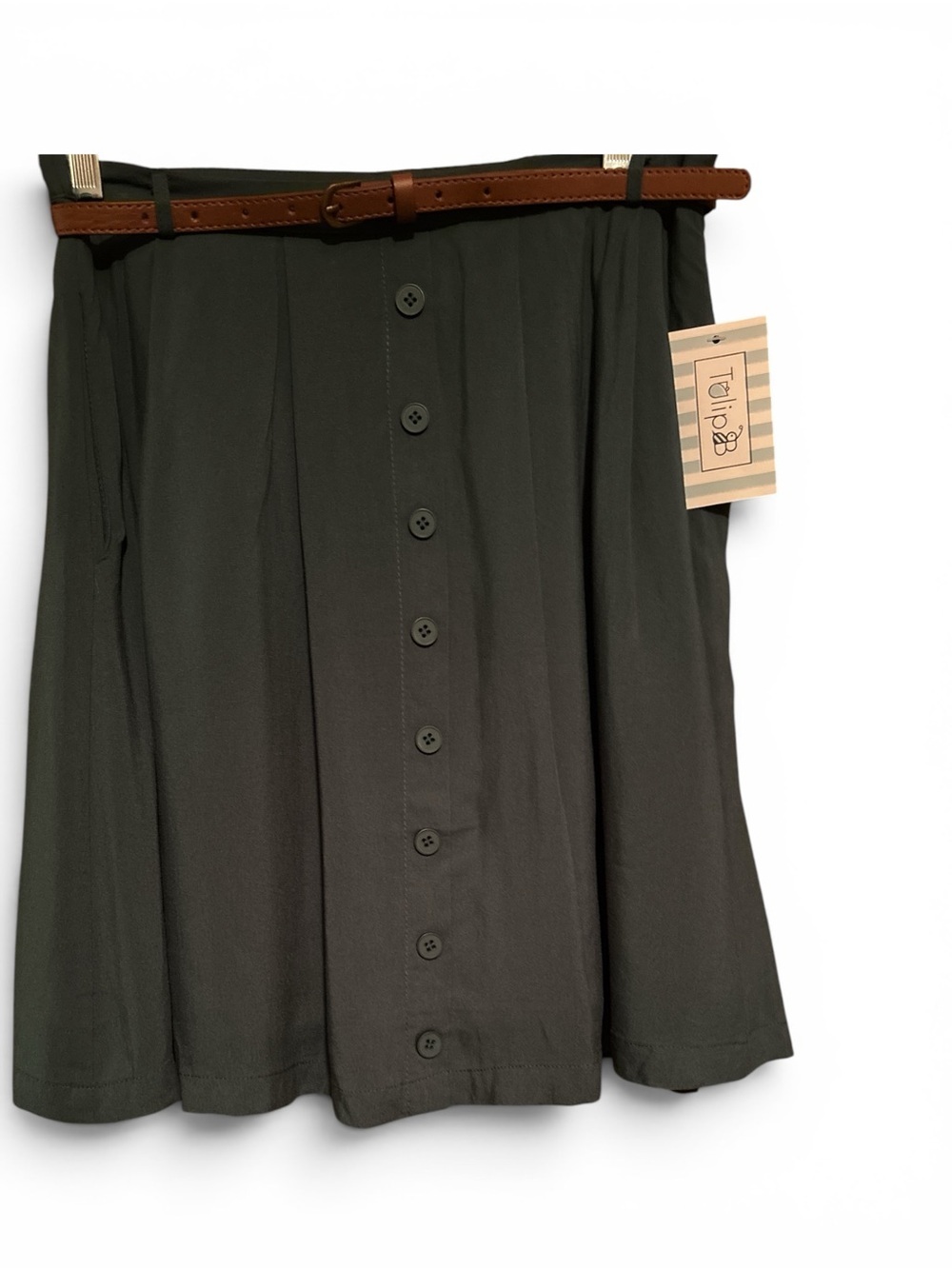Tailin Olive Button-Front A-Line Skirt with Belt